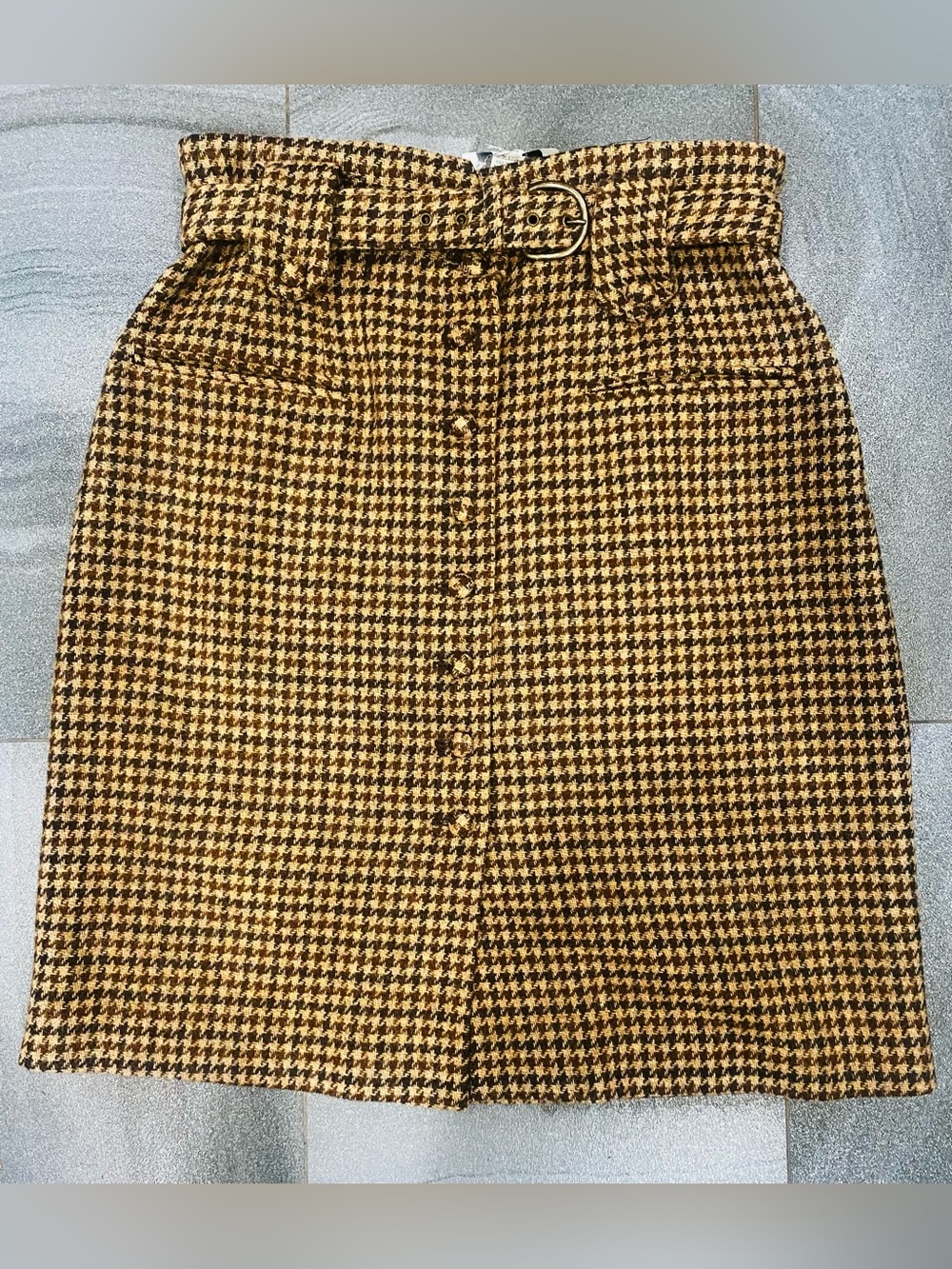 Women’s Vintage Wool High-Waist Belted Houndstooth Button-Front Skirt Sz 12